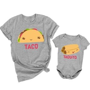Matching Mommy And Baby Gray Tee with Yellow Taco Graphic and Pink Text